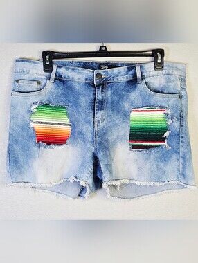 Rock & Royal Plus Size 22 Distressed Denim Shorts Serape Patch Frayed Hem